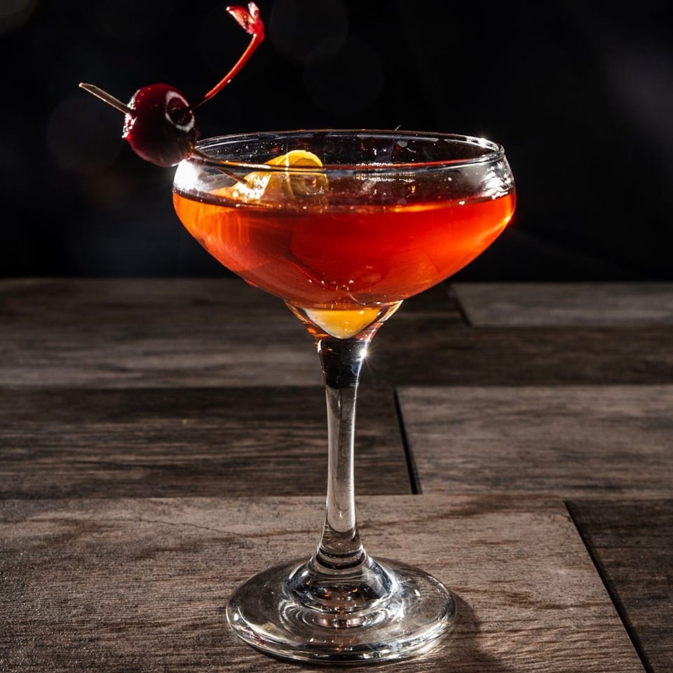 A red cocktail in a coupe glass, garnished with a cherry and lemon peel, on a wooden table.